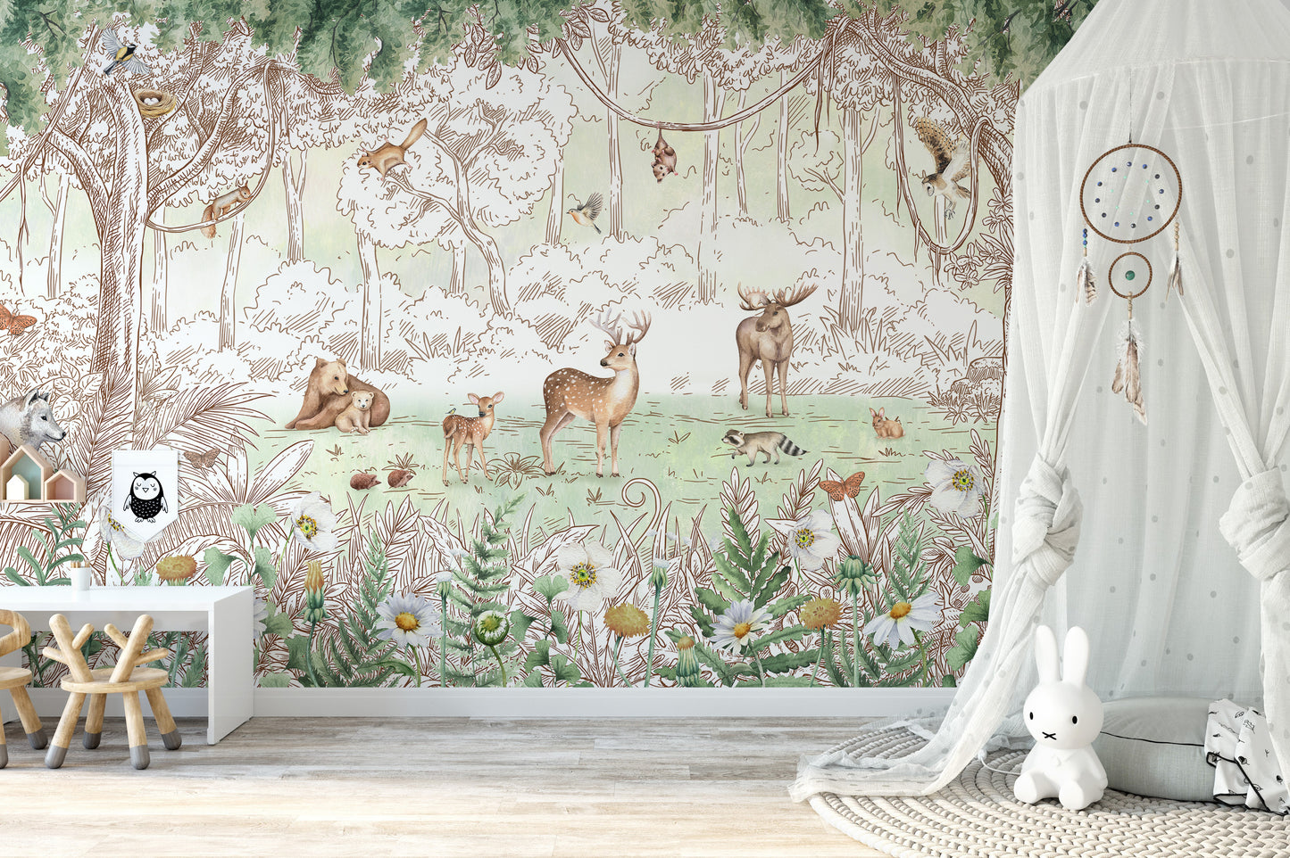 Forest friends in spring season wallpaper with sketched deer, moose and bears among daisies in a child's nursery