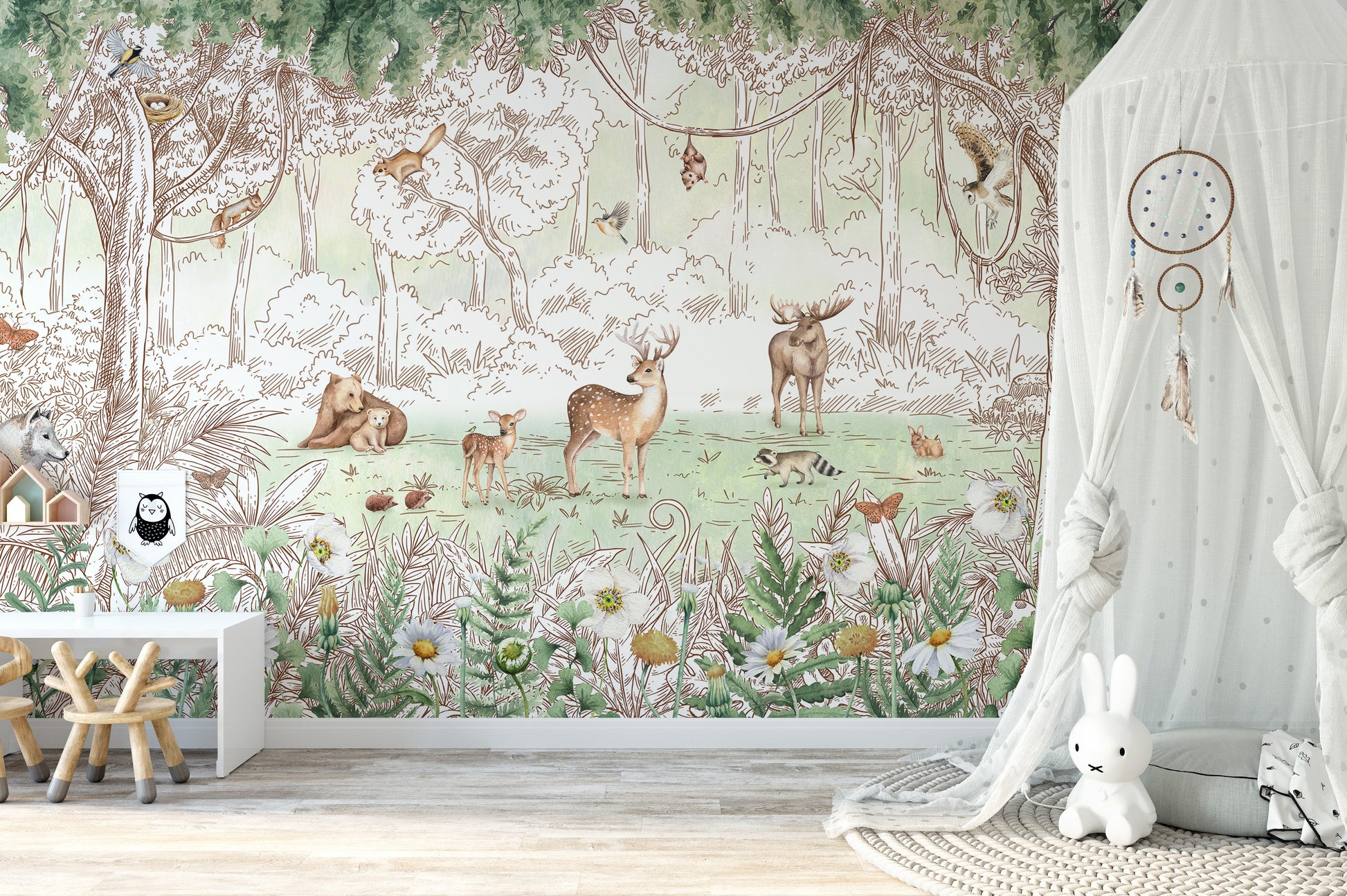 Forest friends in spring season wallpaper with sketched deer, moose and bears among daisies in a child's nursery