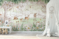 Forest friends in spring season wallpaper with sketched deer, moose and bears among daisies in a child's nursery