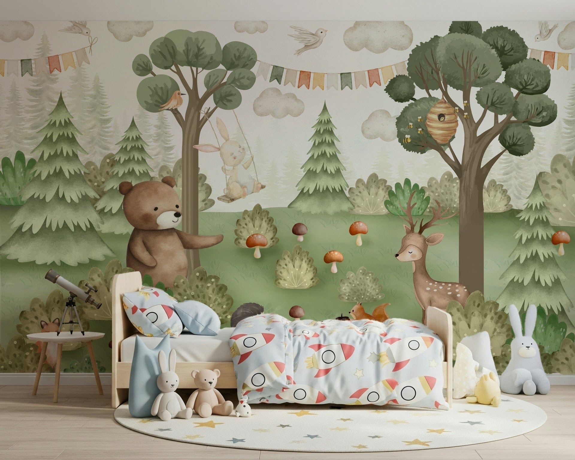 Playful woodland scene for a modern baby girl room.