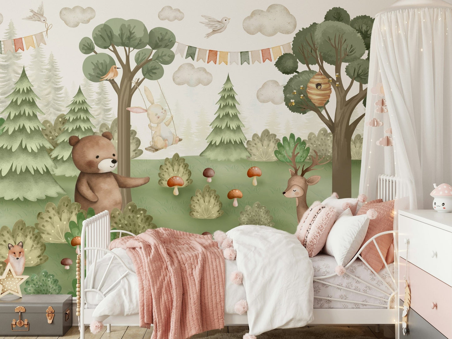 Kids wall decor featuring friendly bears and tall trees.