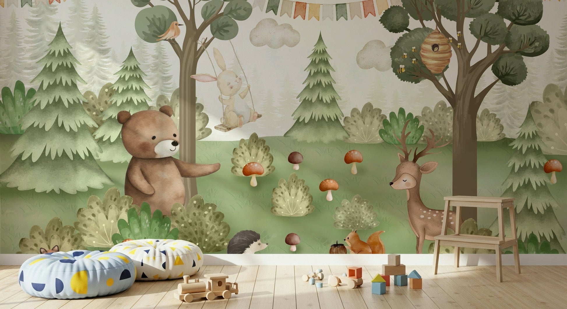 Forest Friends Mural used as a bedroom feature wall.
