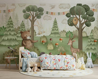 Playful woodland scene for a modern baby girl room.