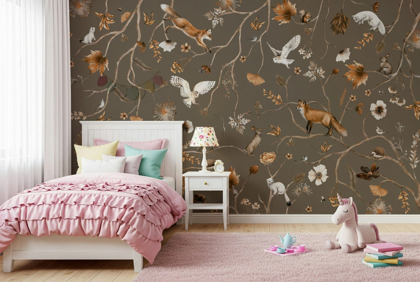 Whimsical forest wall art showing playful animals in a leafy woodland