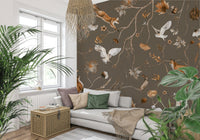 Decorative forest mural featuring foxes, owls, and deer among trees