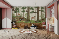 A serene woodland animal wall mural for nursery decor.

