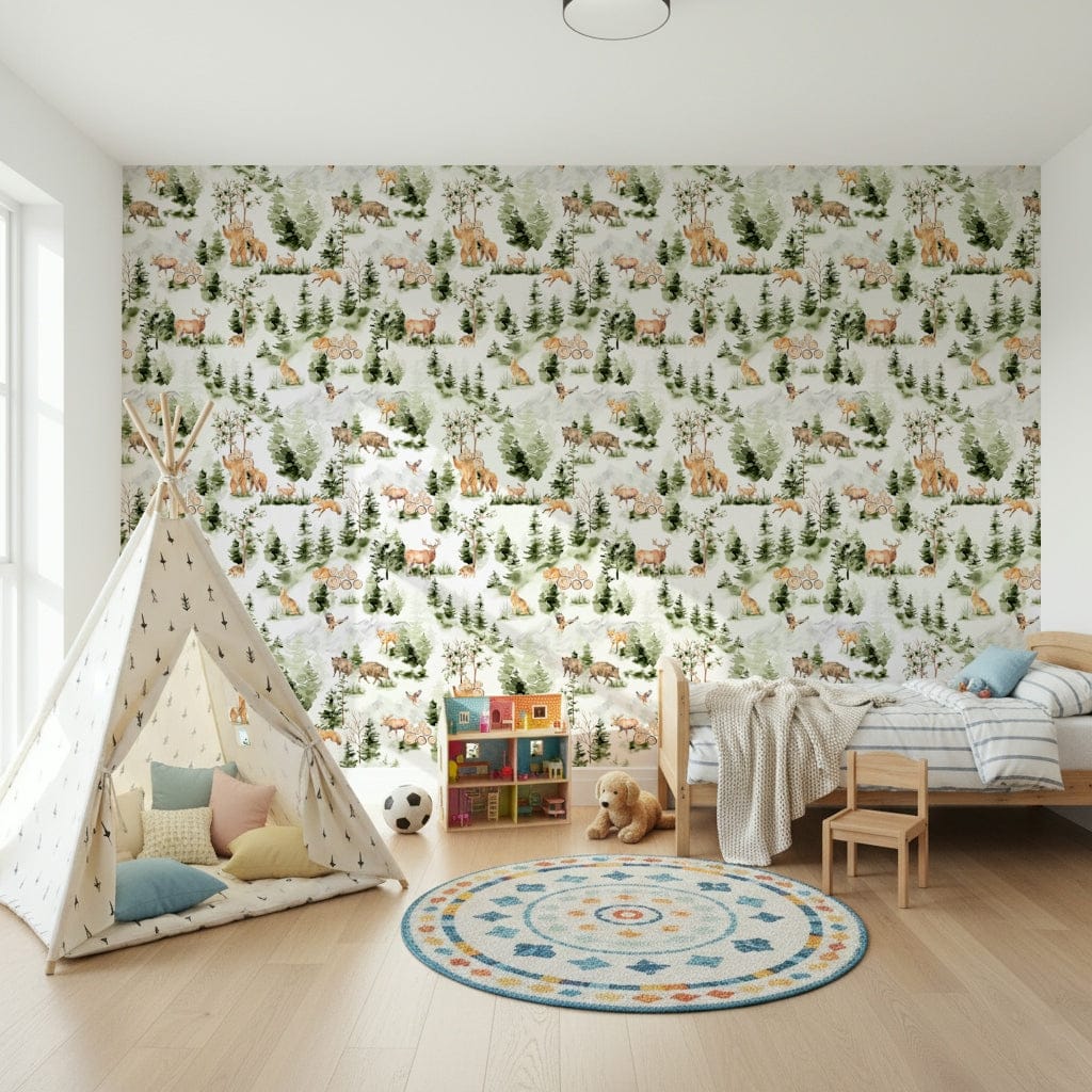 Forest Friends wallpaper with watercolor animals, moose, and wild boar.