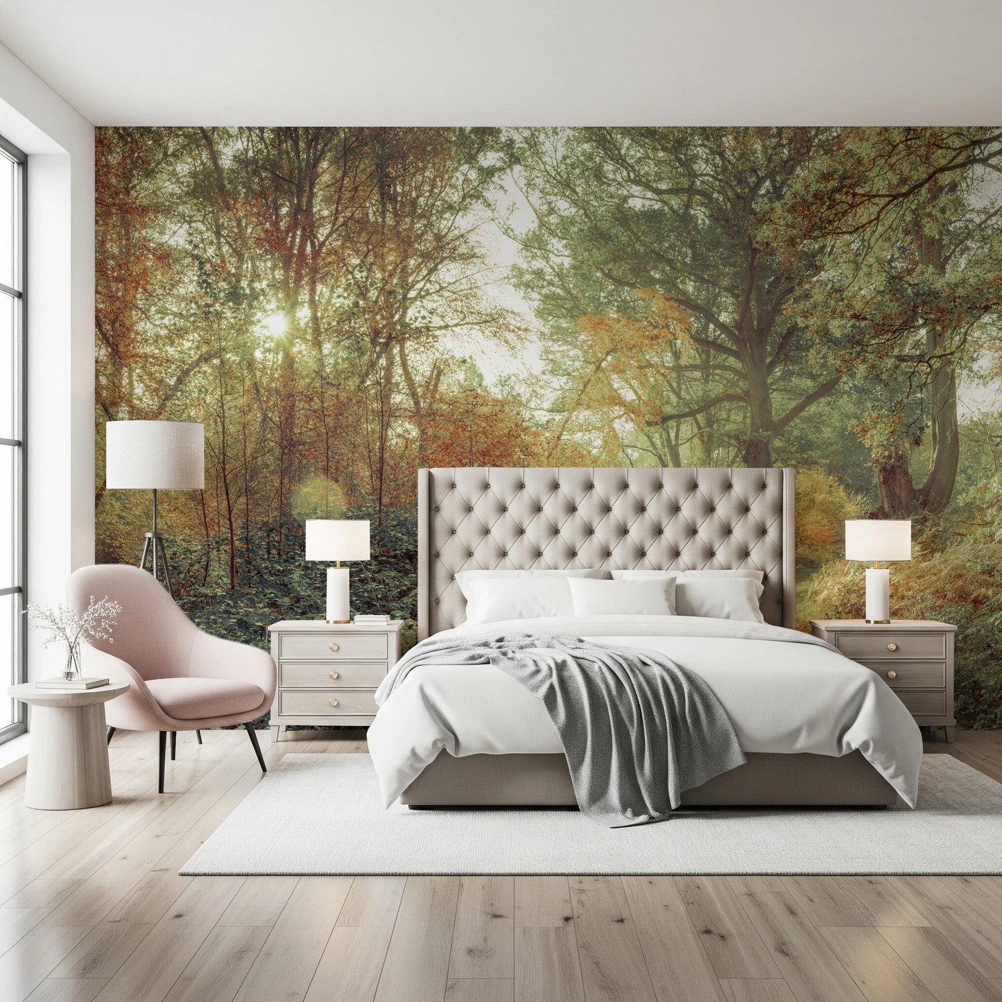Vibrant Forest Glow bedroom Wall Mural with rich seasonal earth tones.