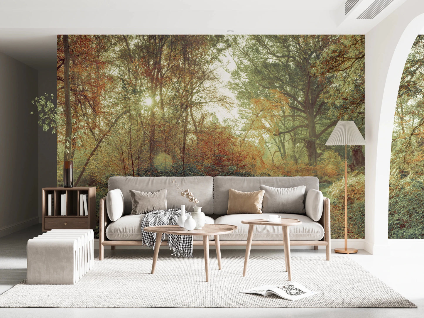 Atmospheric Forest Glow Wall Mural capturing a bright sunlit wood for living room