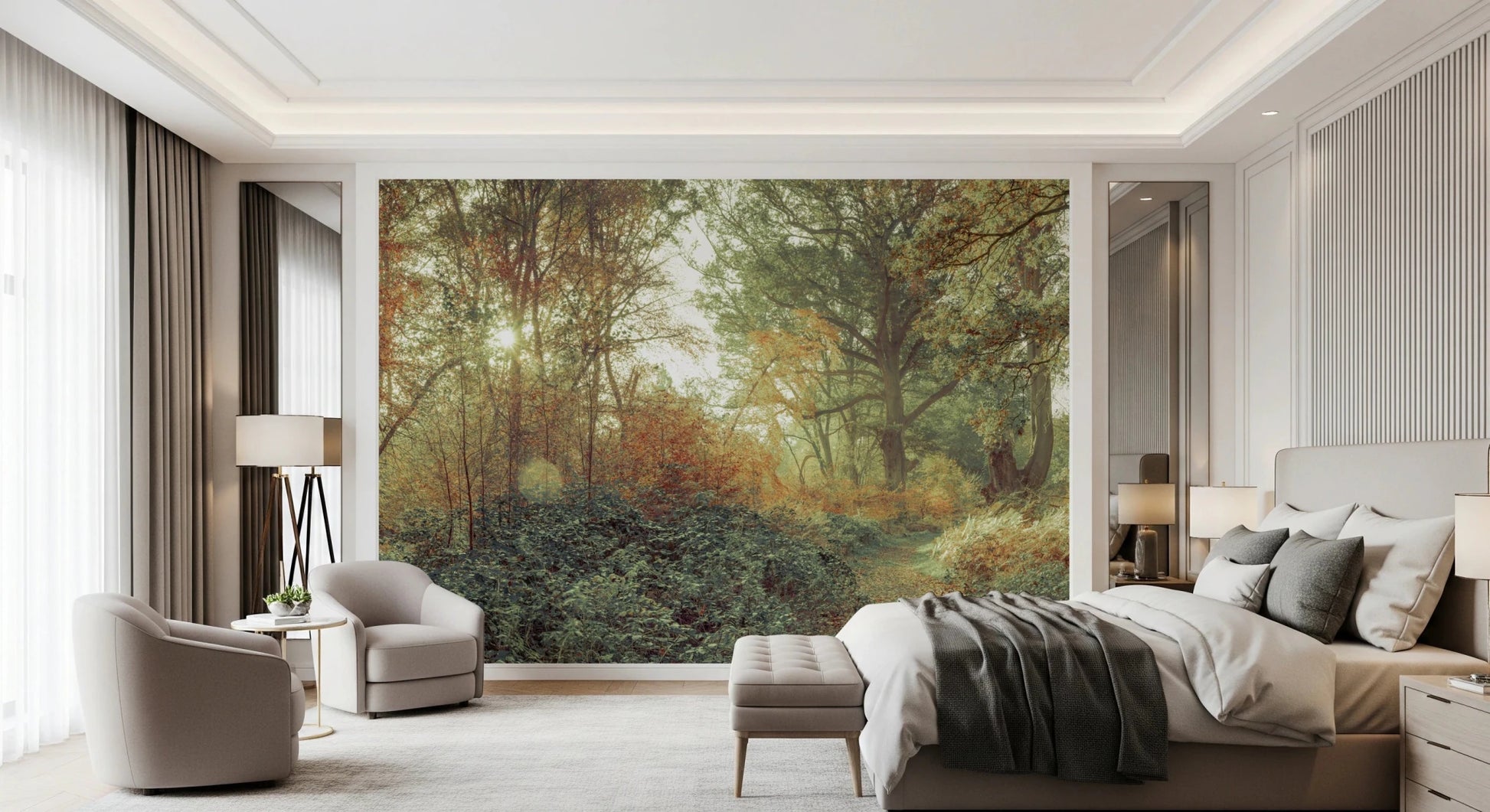 Bedroom Panoramic Forest Glow Wall Mural with sunbeams across a woodland trail.