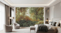 Bedroom Panoramic Forest Glow Wall Mural with sunbeams across a woodland trail.
