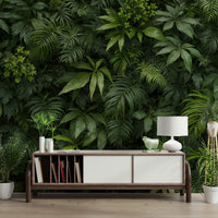 The mural gives the illusion of being surrounded by a wall of plants.
