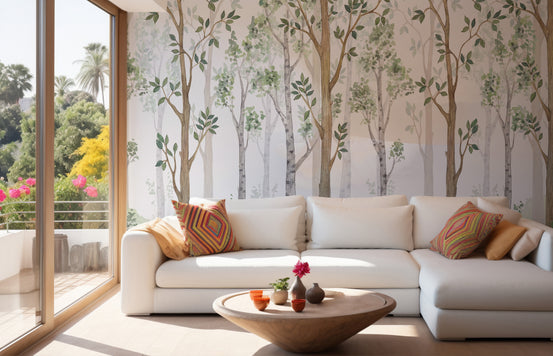 Forest Green Watercolor wallpaper mural shown as a full feature wall that highlights the design