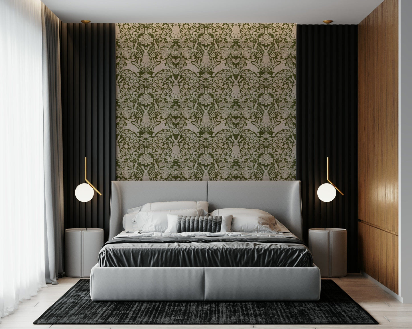 Decorative wall mural with a woodland hare surrounded by trees and foliage.
