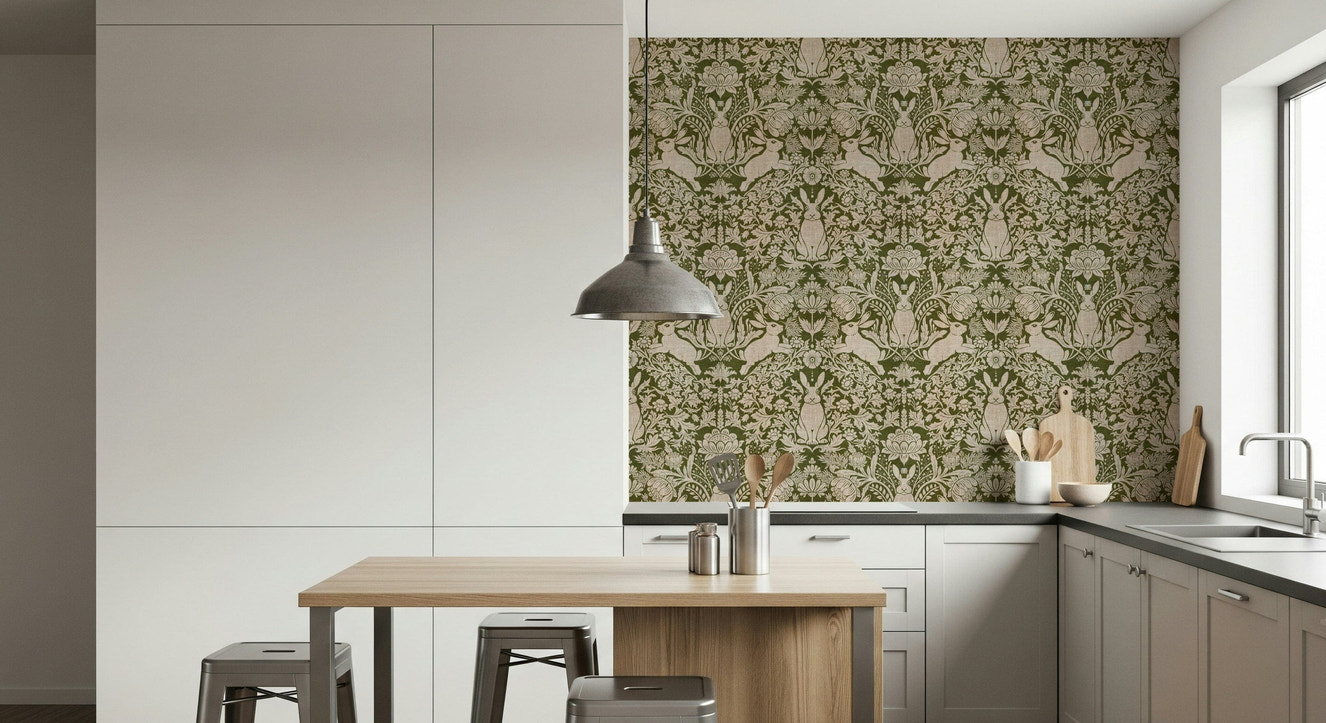 Forest Hare Tapestry Wallpaper featuring a realistic hare in a lush forest setting.