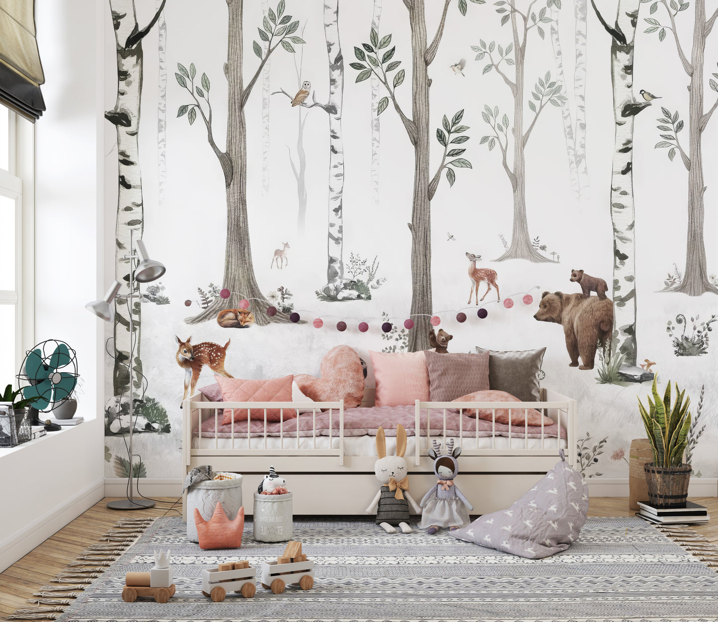 Forest Haven wallpaper mural of a soft birch forest with deer and bear behind a pink daybed in a childs room
