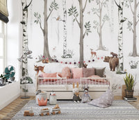 Forest Haven wallpaper mural of a soft birch forest with deer and bear behind a pink daybed in a childs room