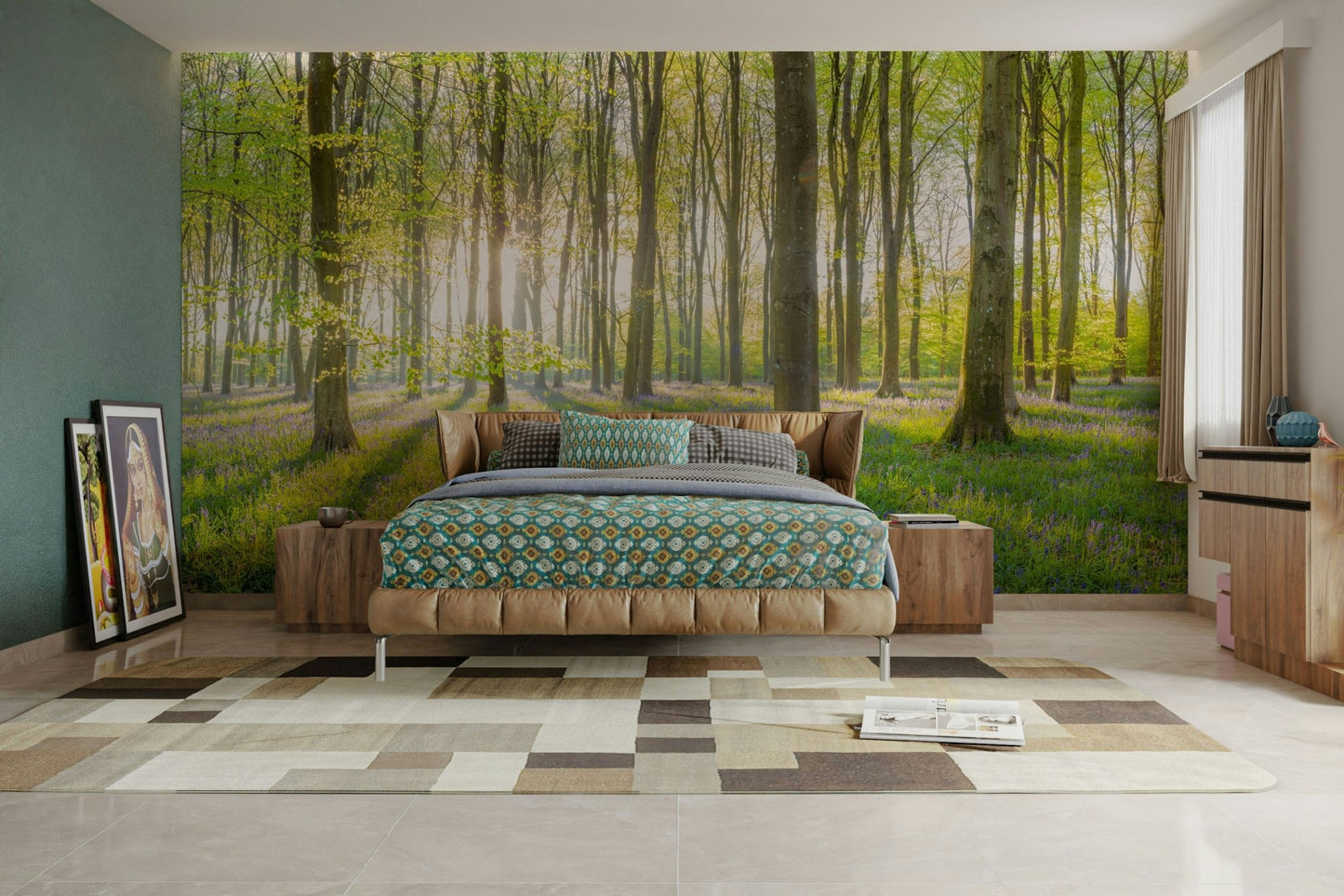 Forest illuminated by the morning light for a tranquil mural

