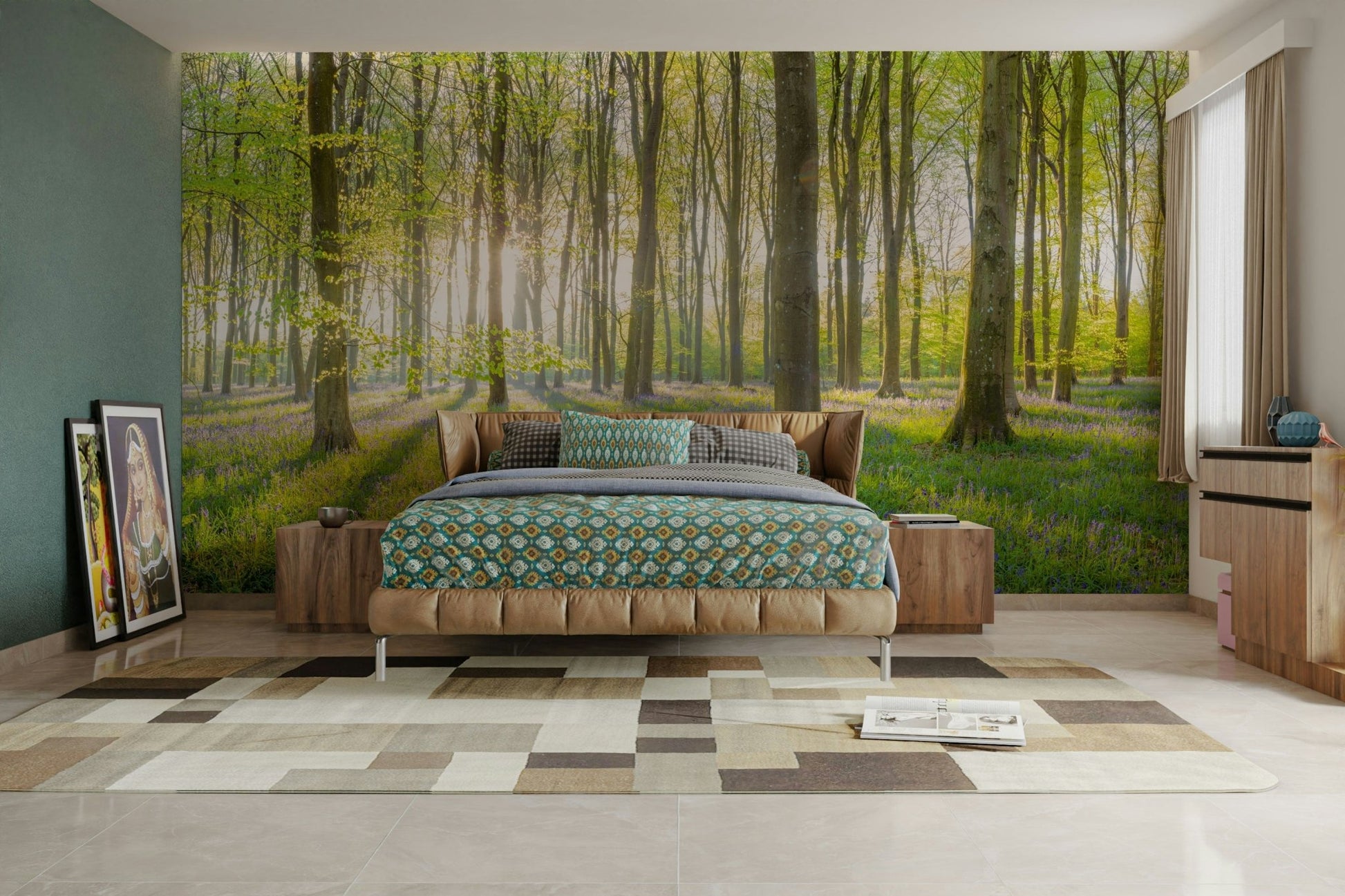 Forest illuminated by the morning light for a tranquil mural


