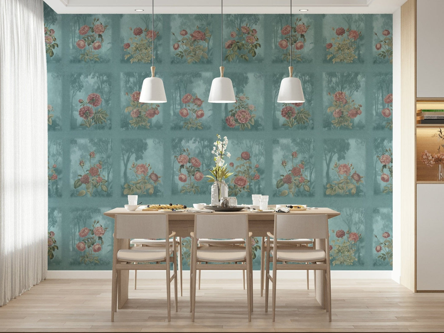 Dark floral wall mural behind a velvet sofa in an urban apartment.