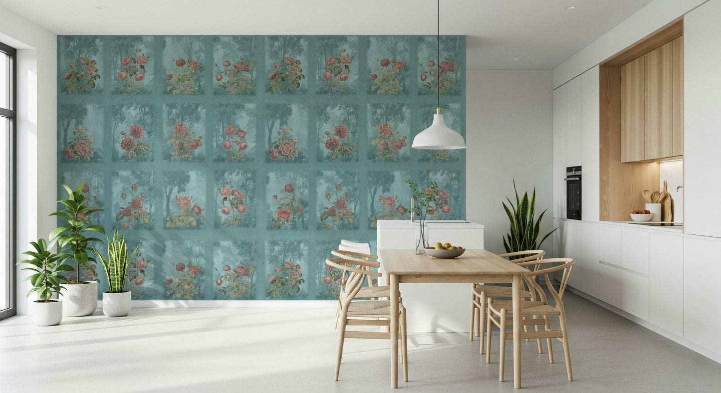 Forest Rose Dreams Wall Mural featuring oversized pink roses in a misty woodland.