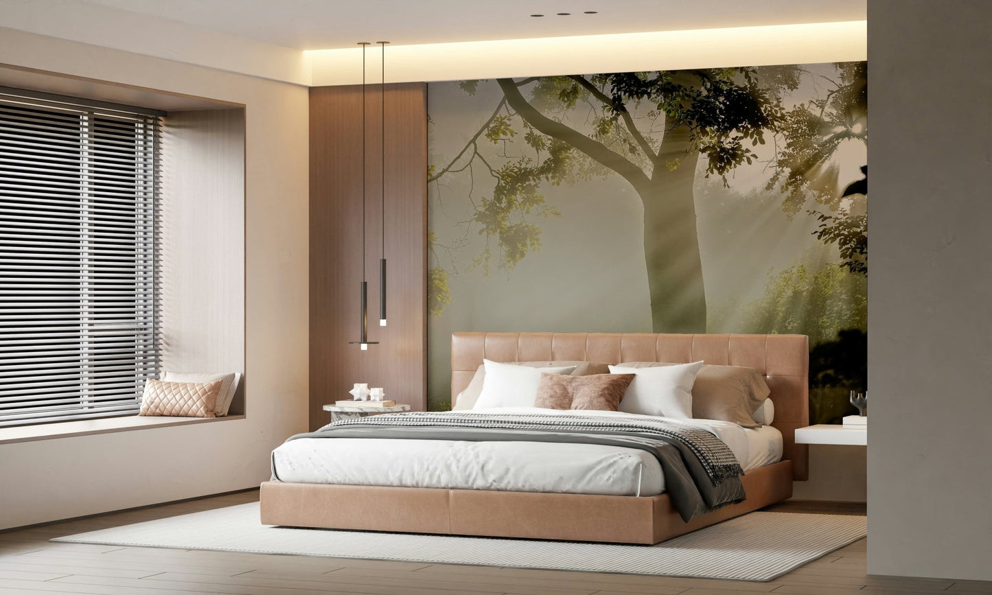 Wallpaper for walls Forest Serenity, peaceful rays, light beaming through branches.