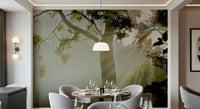 Forest Serenity wall mural Enchanting forest, green leaves, natural glimmering light.