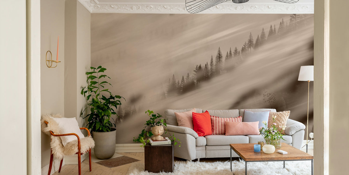 Rustic nature illustration in sepia – Forest Valley Sepia Wallpaper