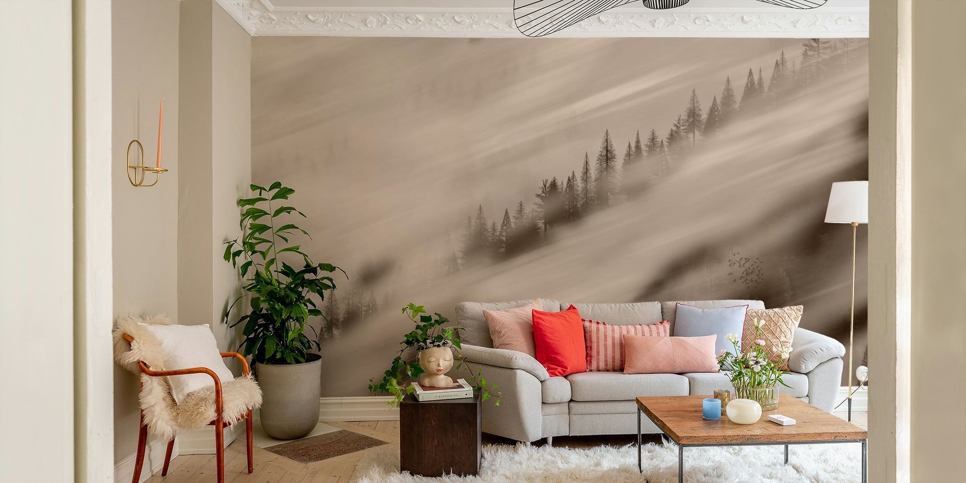 Rustic nature illustration in sepia – Forest Valley Sepia Wallpaper