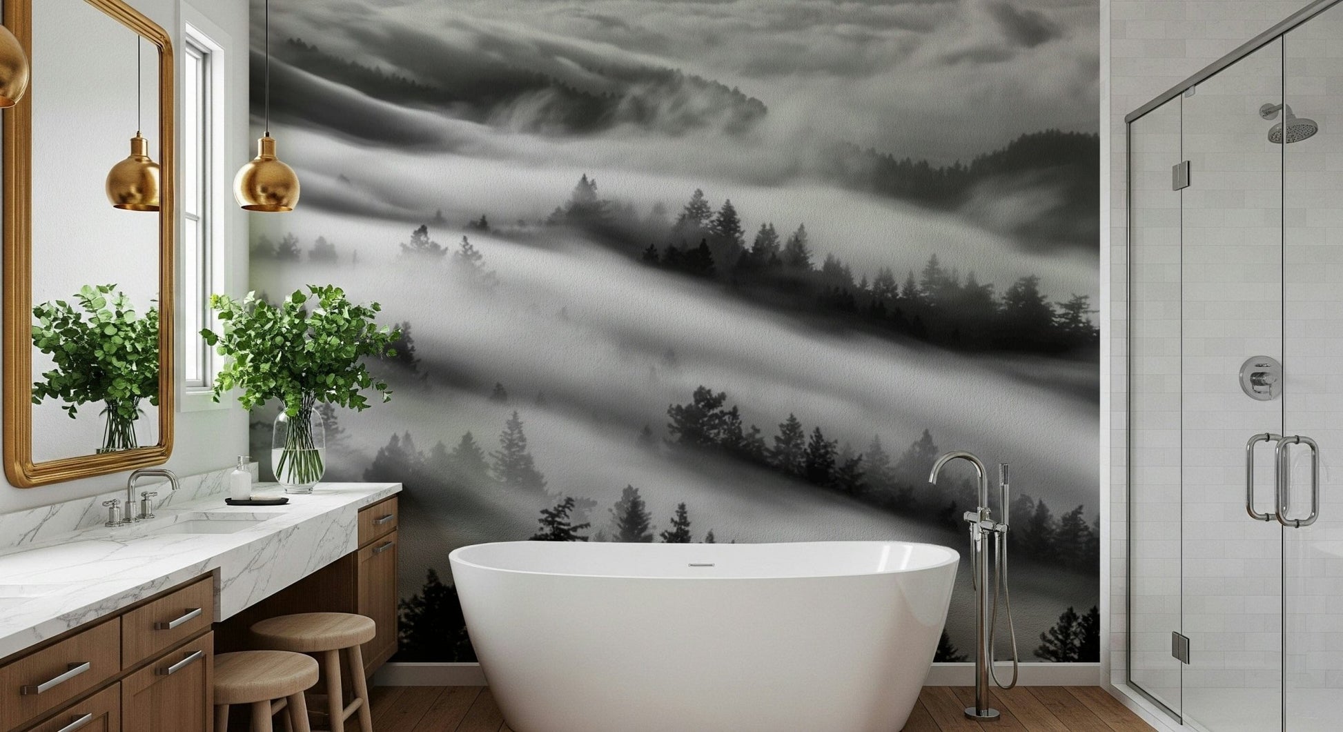 Monochrome dark tree silhouettes for Forest Veil unique wallpaper.