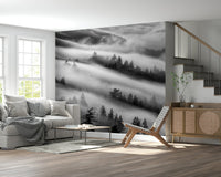 Moody black and white landscape frame Forest Veil accent wall.
