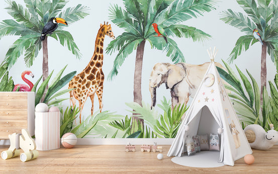 Vibrant Wildlife Serene Kids Room wallpaper mural shown as a full feature wall that highlights the design