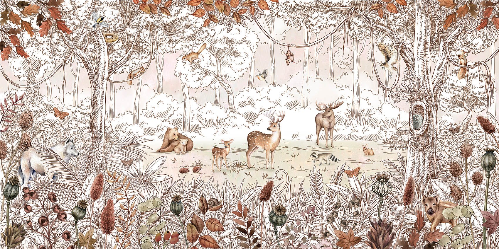 Autumn Forest Friends Wallpaper Mural in your room — zoomed