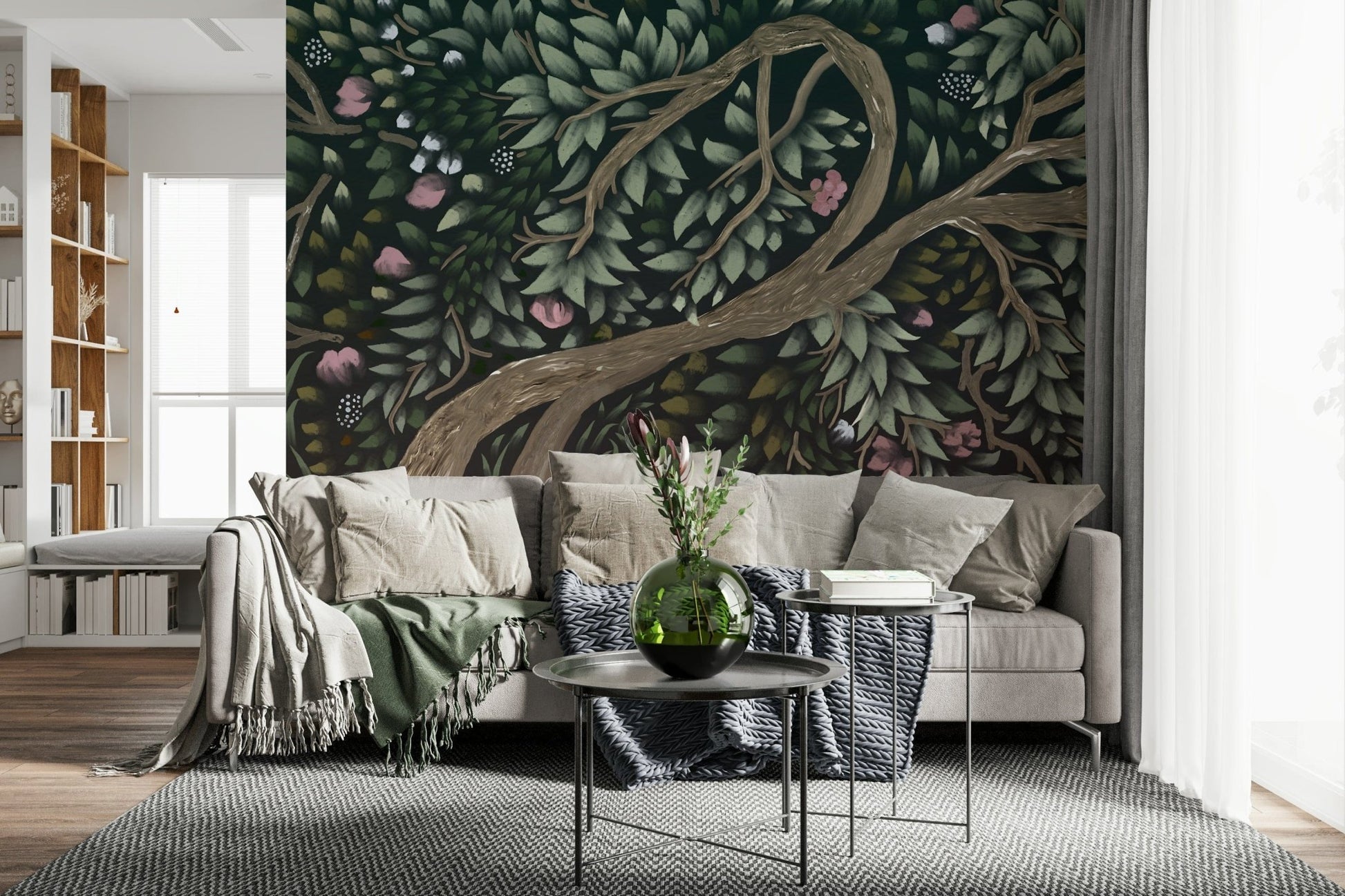 Pine forest wall mural in dining area, natural palette, modern home styling