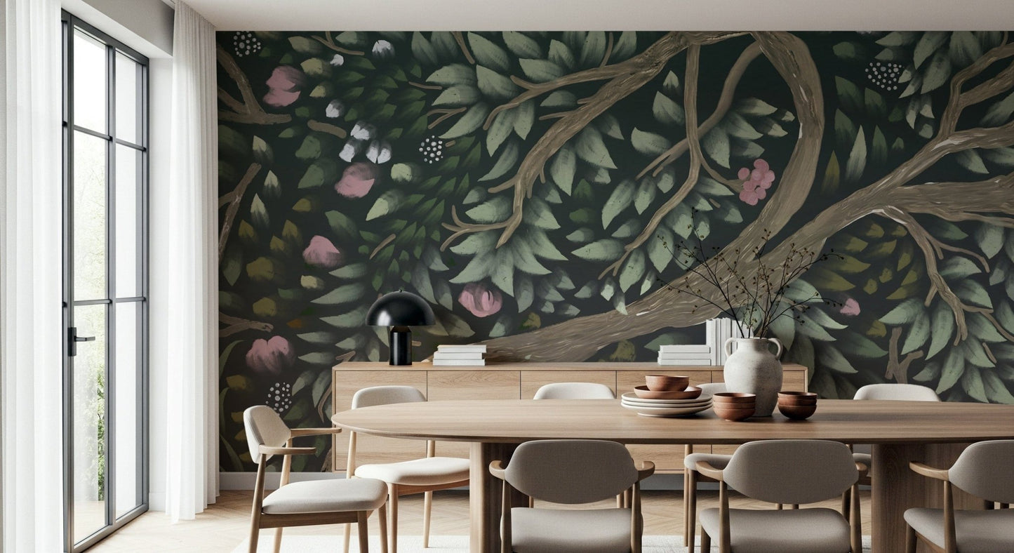 Tree canopy wall mural behind bed, modern bedroom styling, deep green colours