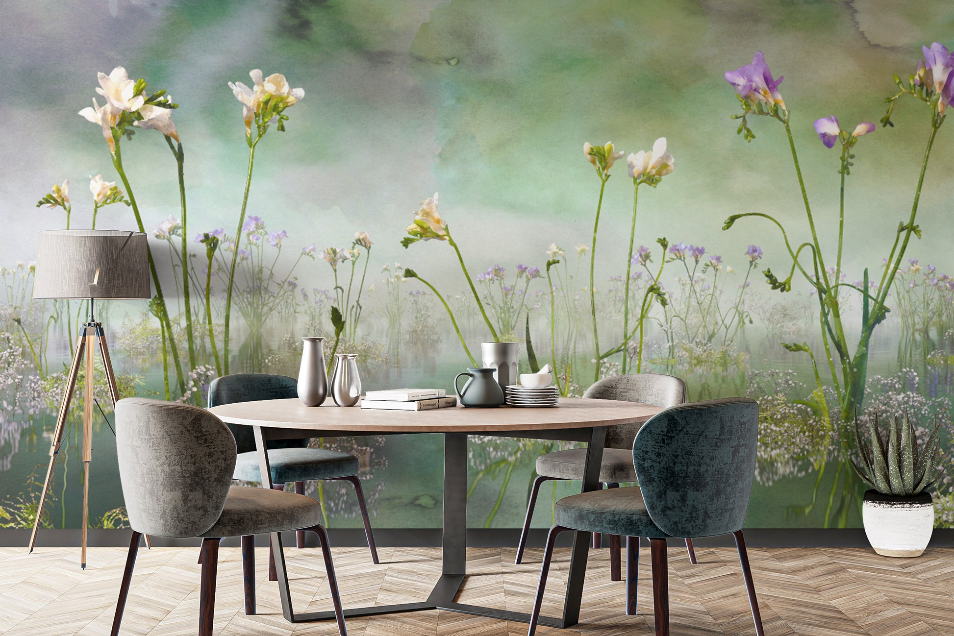 Forever Freesia Flower Green wallpaper mural of freesias over misty water behind a round dining table and velvet chairs