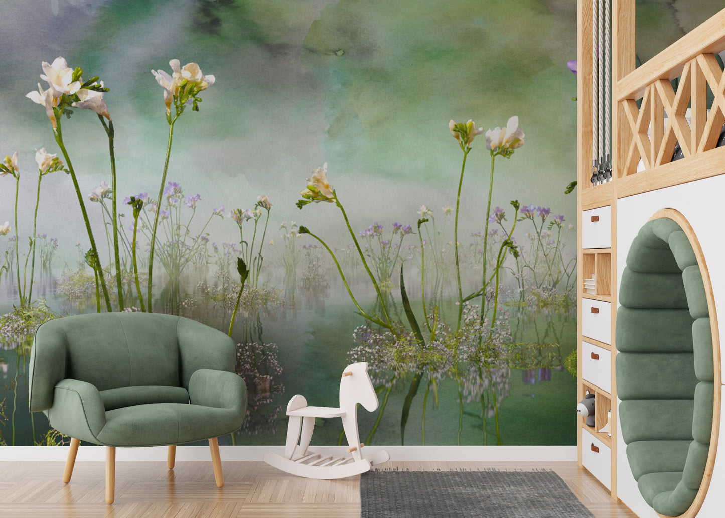 Forever Freesia Flower Green wallpaper mural of white and purple freesias behind a green armchair and rocking horse in a kids room