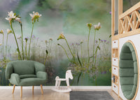 Forever Freesia Flower Green wallpaper mural of white and purple freesias behind a green armchair and rocking horse in a kids room