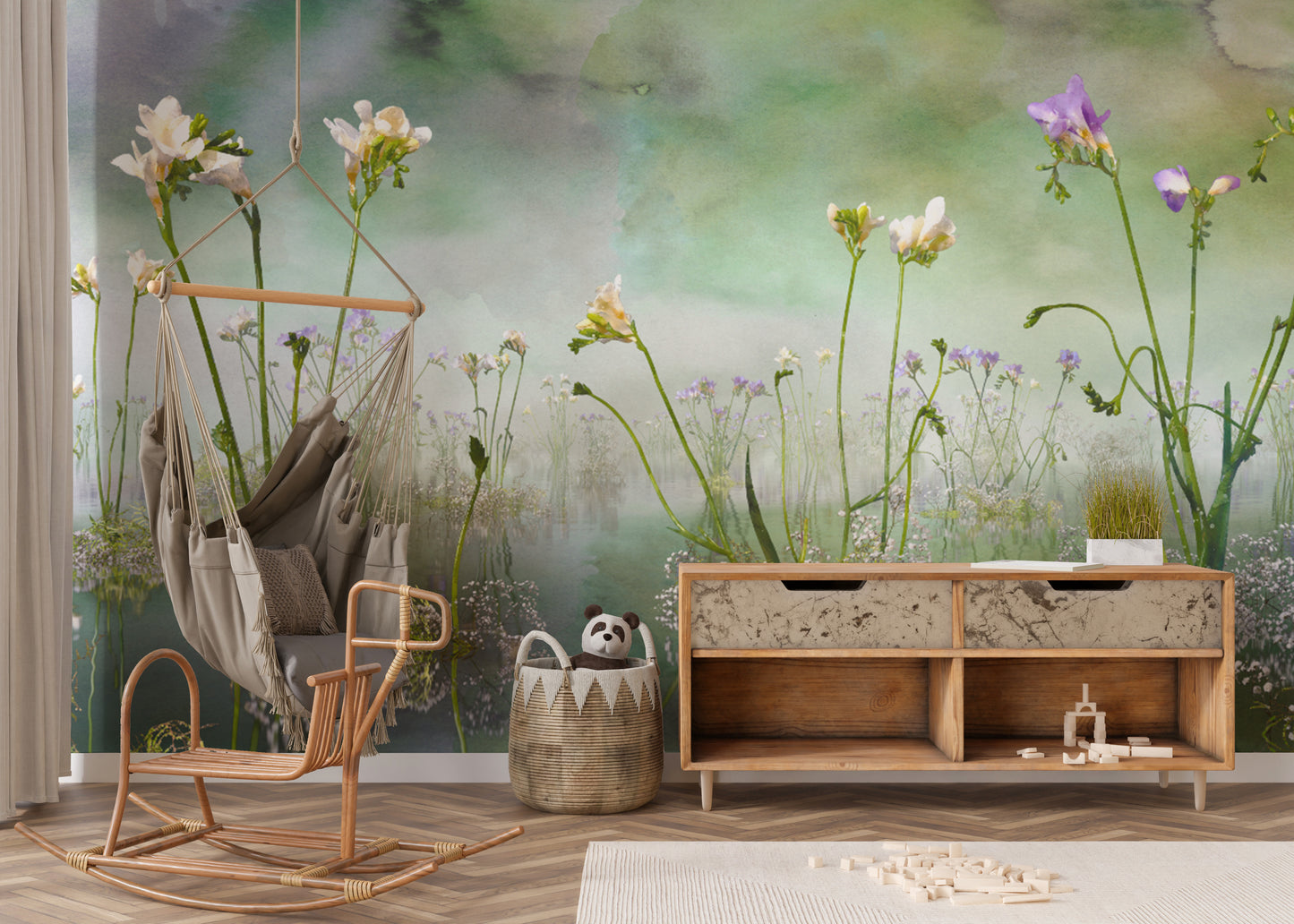 Forever Freesia Flower Green wallpaper mural of freesias in soft green beside a hammock chair and wood console in a kids room