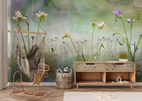 Forever Freesia Flower Green wallpaper mural of freesias in soft green beside a hammock chair and wood console in a kids room