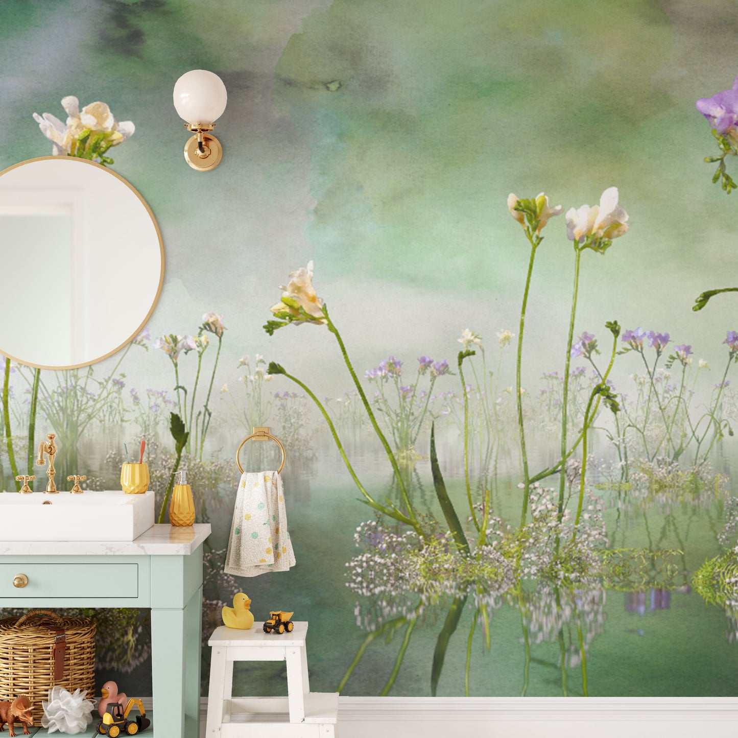 Forever Freesia Flower Green wallpaper mural of white freesias over water above a green vanity sink in a kids bathroom