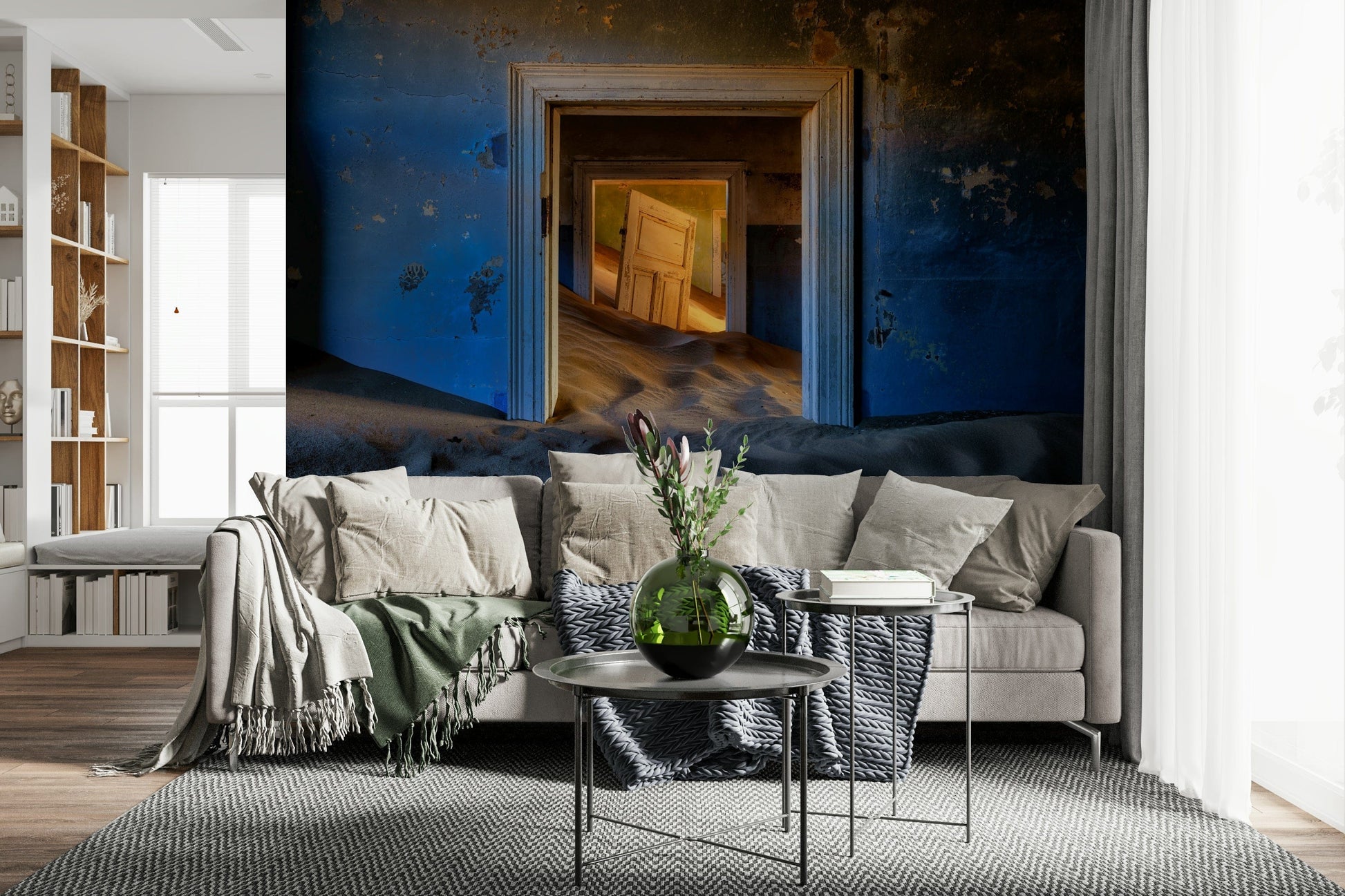 Decorative mural featuring old, deserted rooms with peeling walls and aged textures.