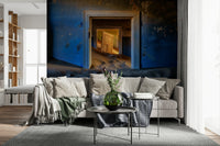 Decorative mural featuring old, deserted rooms with peeling walls and aged textures.