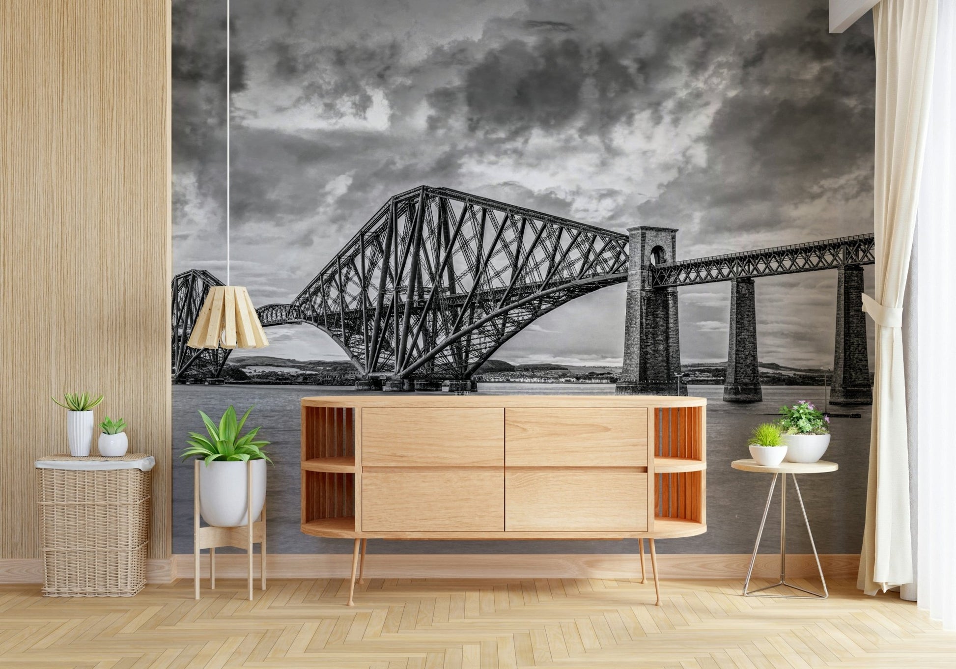 Moody sky clouds above steel beams on Forth Bridge Majesty wallpaper design