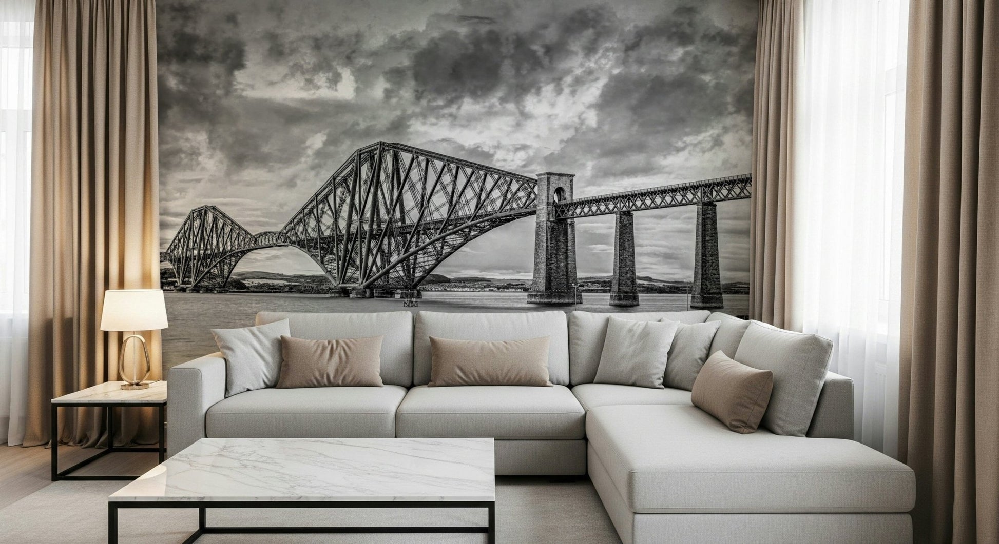 Dramatic clouded horizon framing massive Forth Bridge Majesty mural art piece