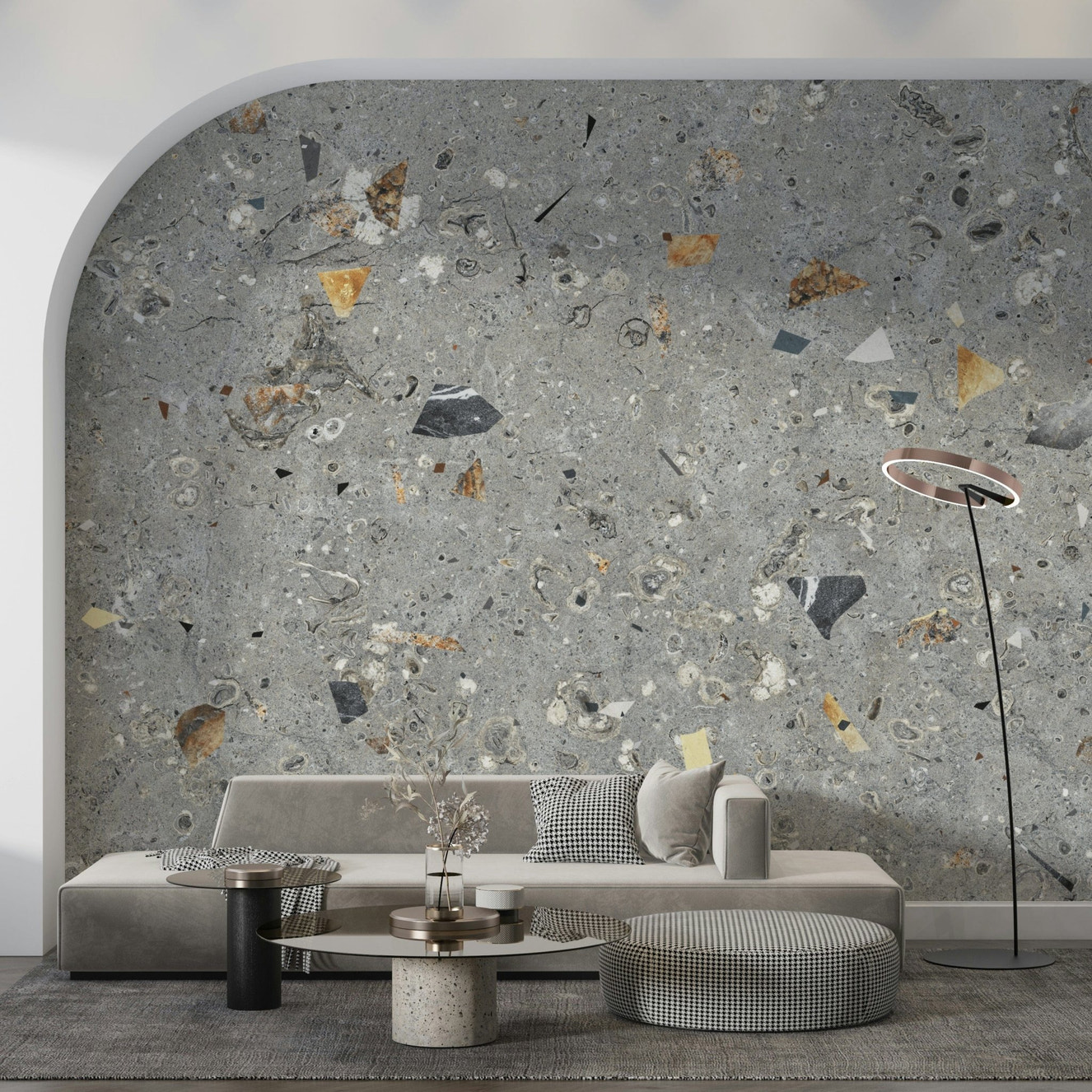 Industrial Fossil Stone wall mural with stone fragments.