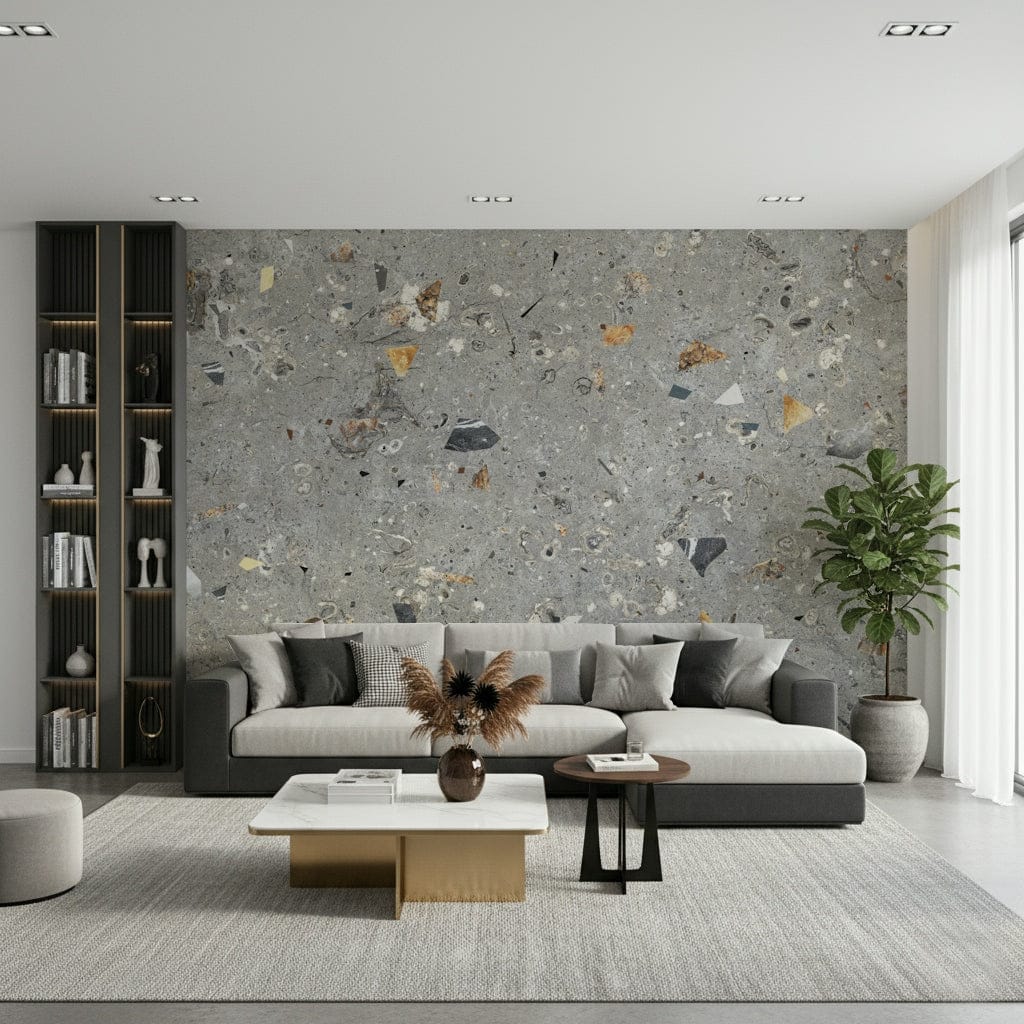 Grey Terrazzo excavated elements wallpaper.