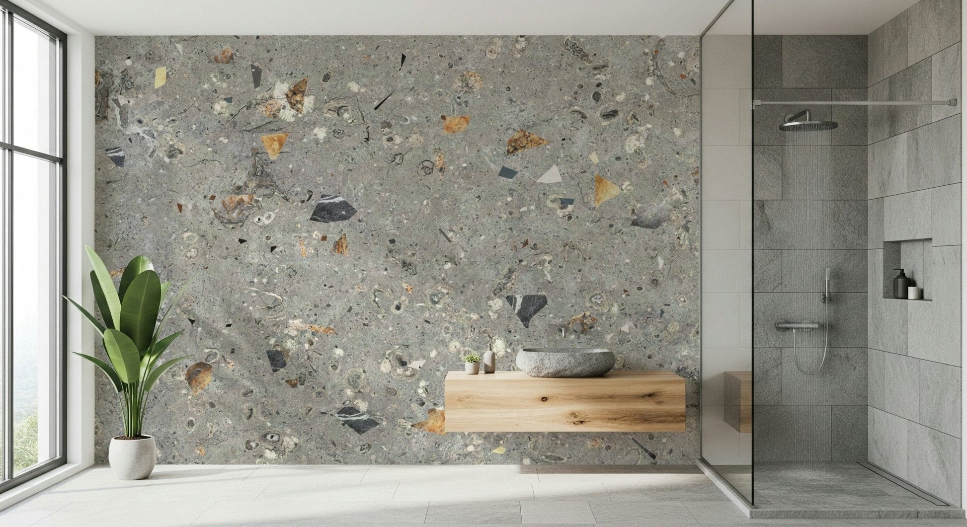 Geological Grey Terrazzo embedded wallpaper surface.
