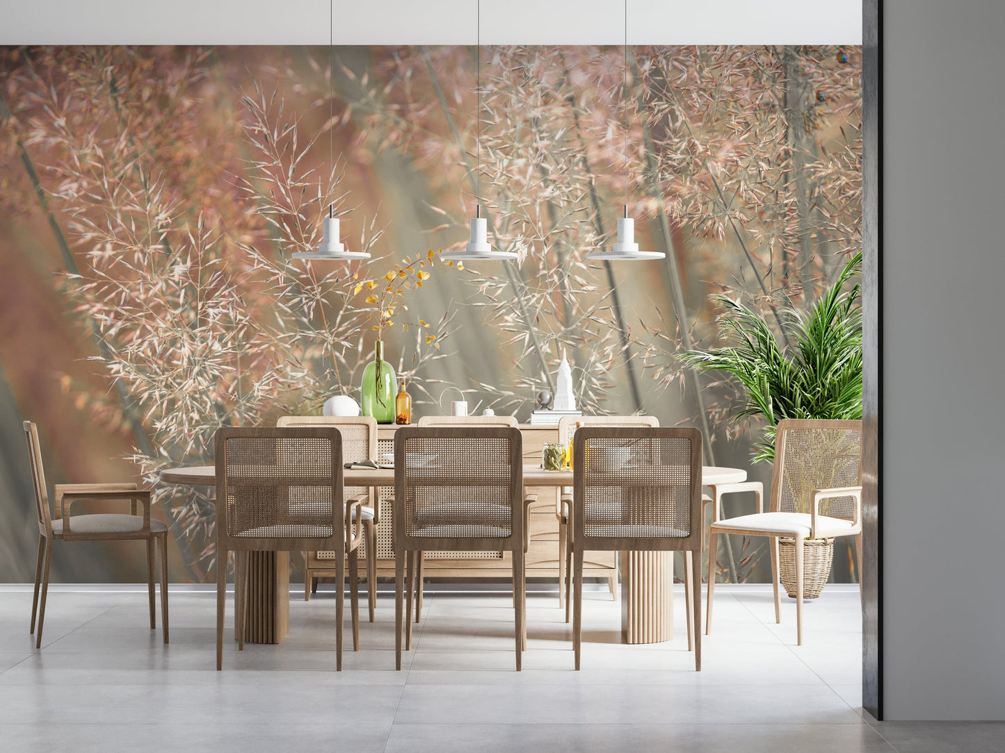 Nature-inspired mural featuring wispy grass textures for a soothing organic look.