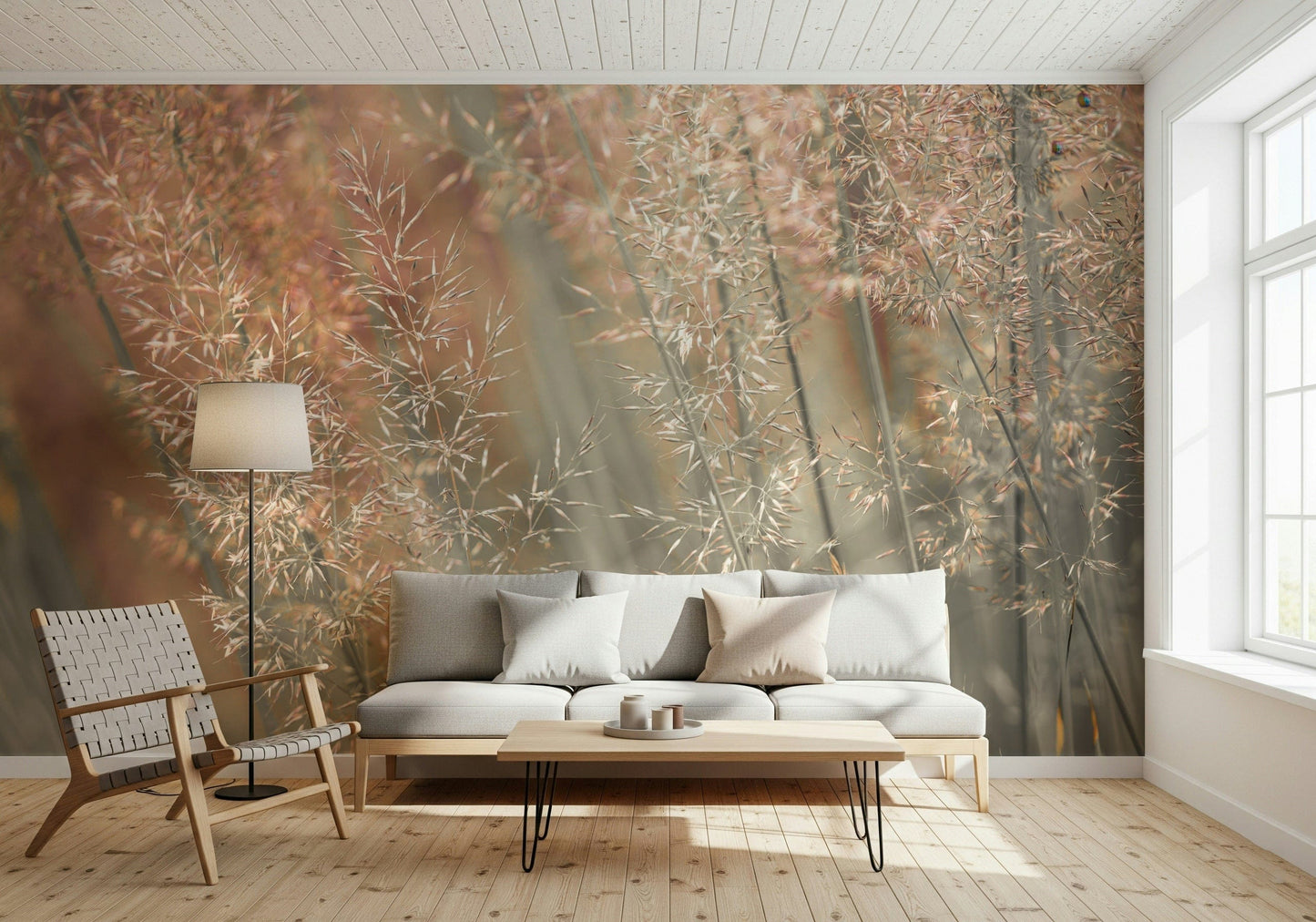 Calming botanical wallpaper mural featuring flowing ornamental grass in warm neutral colors.